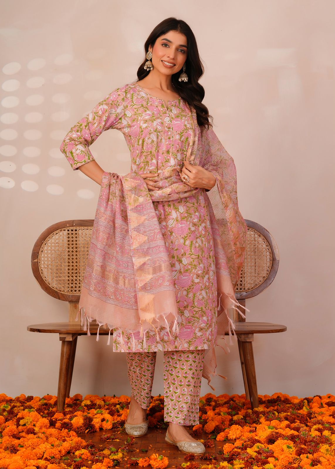Peach Pastel Blossoms Kota Dupatta Suit