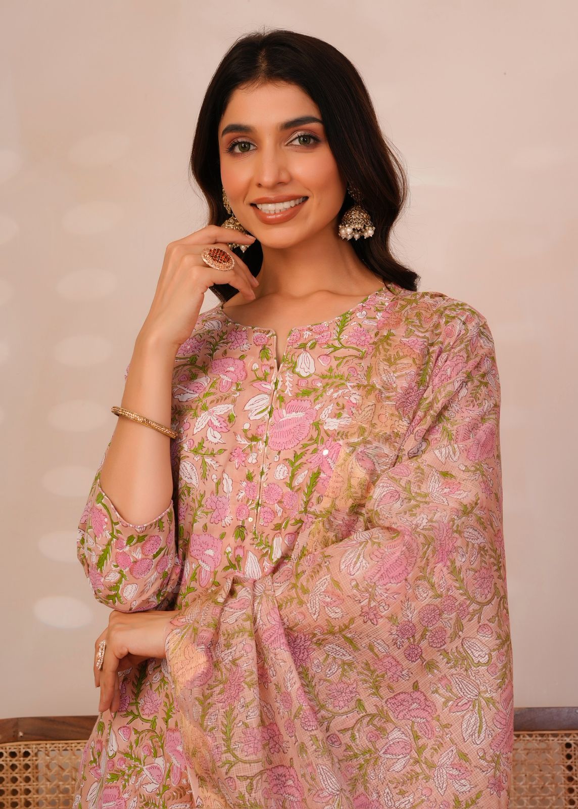 Peach Pastel Blossoms Kota Dupatta Suit