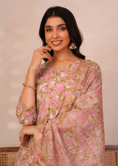 Peach Pastel Blossoms Kota Dupatta Suit