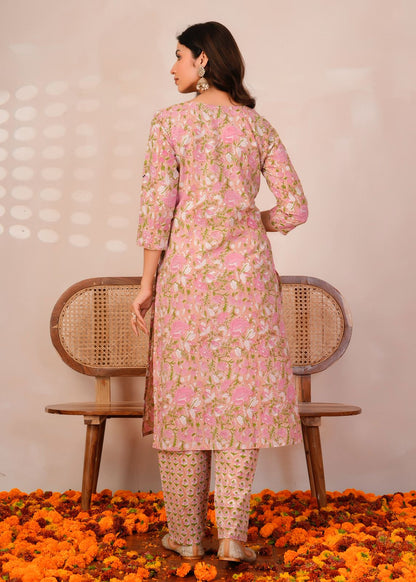 Peach Pastel Blossoms Kota Dupatta Suit