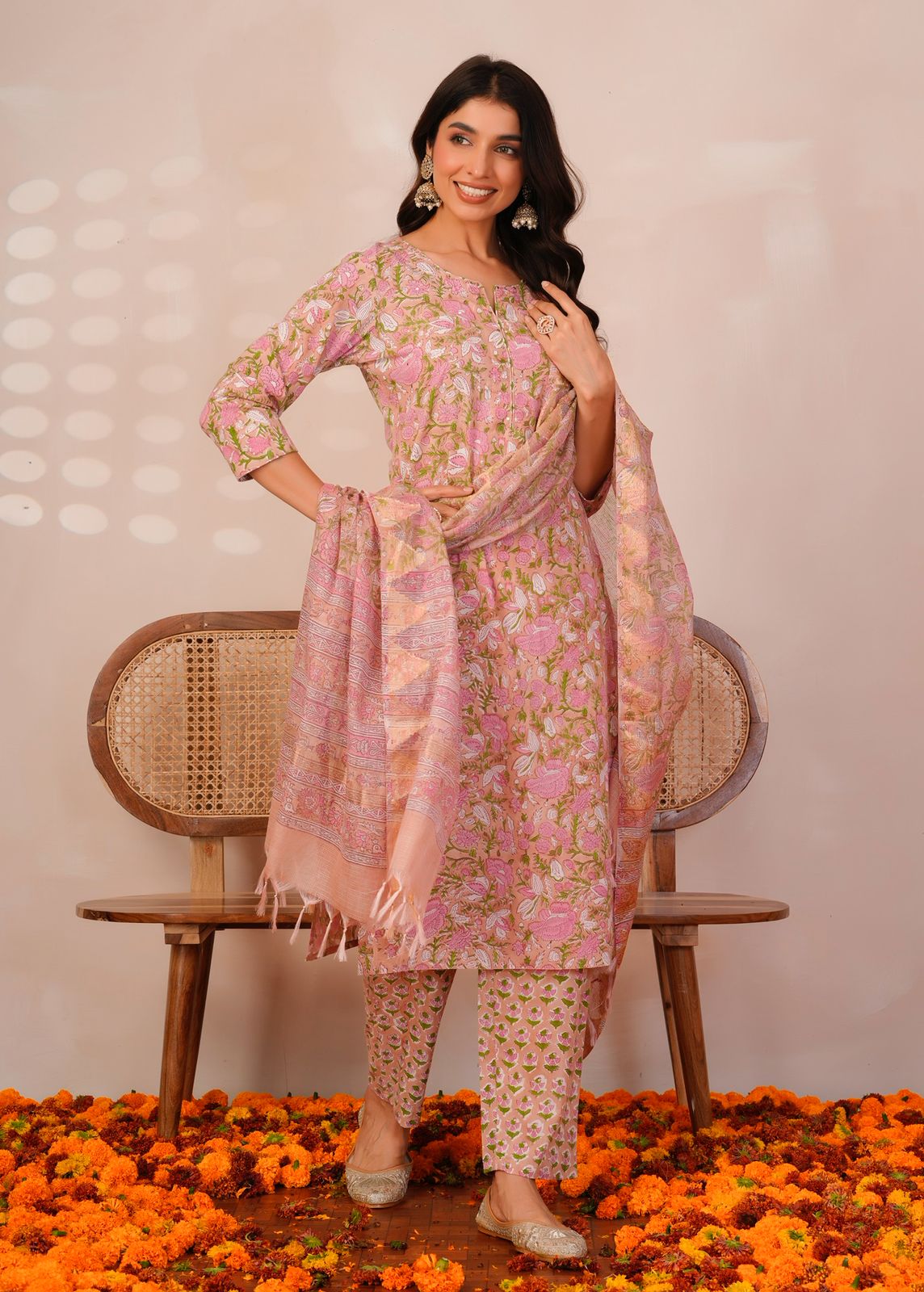 Peach Pastel Blossoms Kota Dupatta Suit