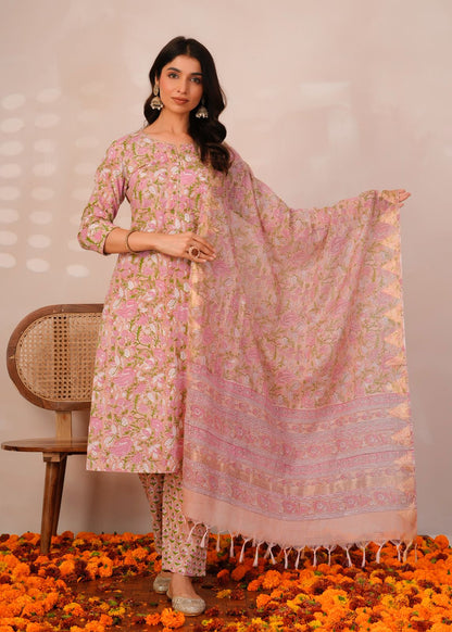 Peach Pastel Blossoms Kota Dupatta Suit