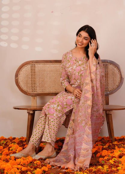 Peach Pastel Blossoms Kota Dupatta Suit