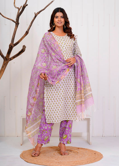 Purple Booti Fusion Kota Dupatta Suit