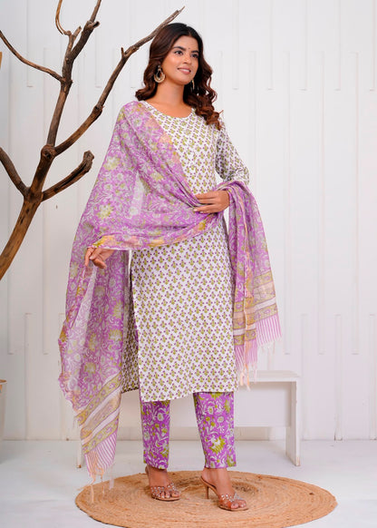 Purple Booti Fusion Kota Dupatta Suit