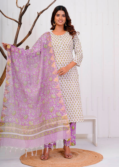 Purple Booti Fusion Kota Dupatta Suit