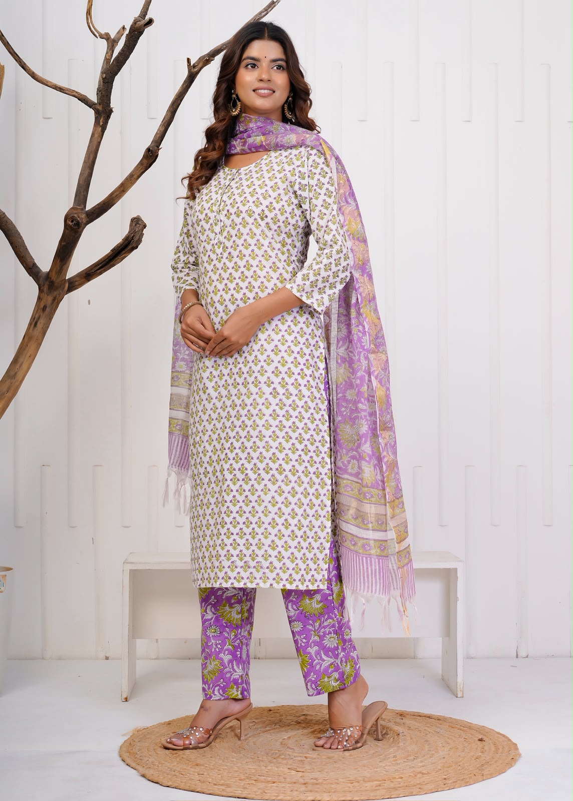 Purple Booti Fusion Kota Dupatta Suit