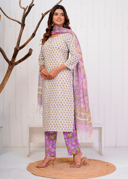 Purple Booti Fusion Kota Dupatta Suit