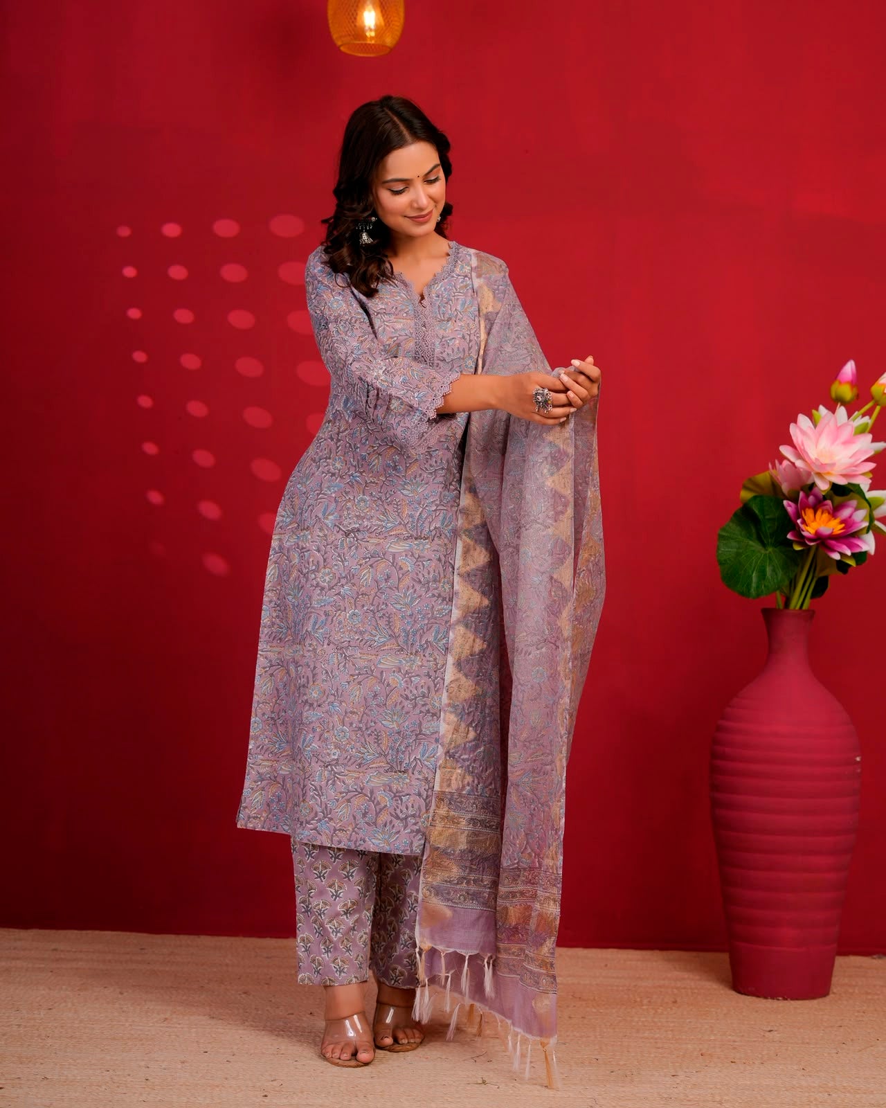 Earthy Lilac Pakistani Kota Dupatta Suit