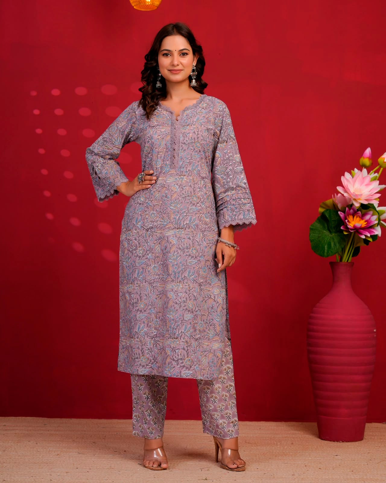 Earthy Lilac Pakistani Kota Dupatta Suit