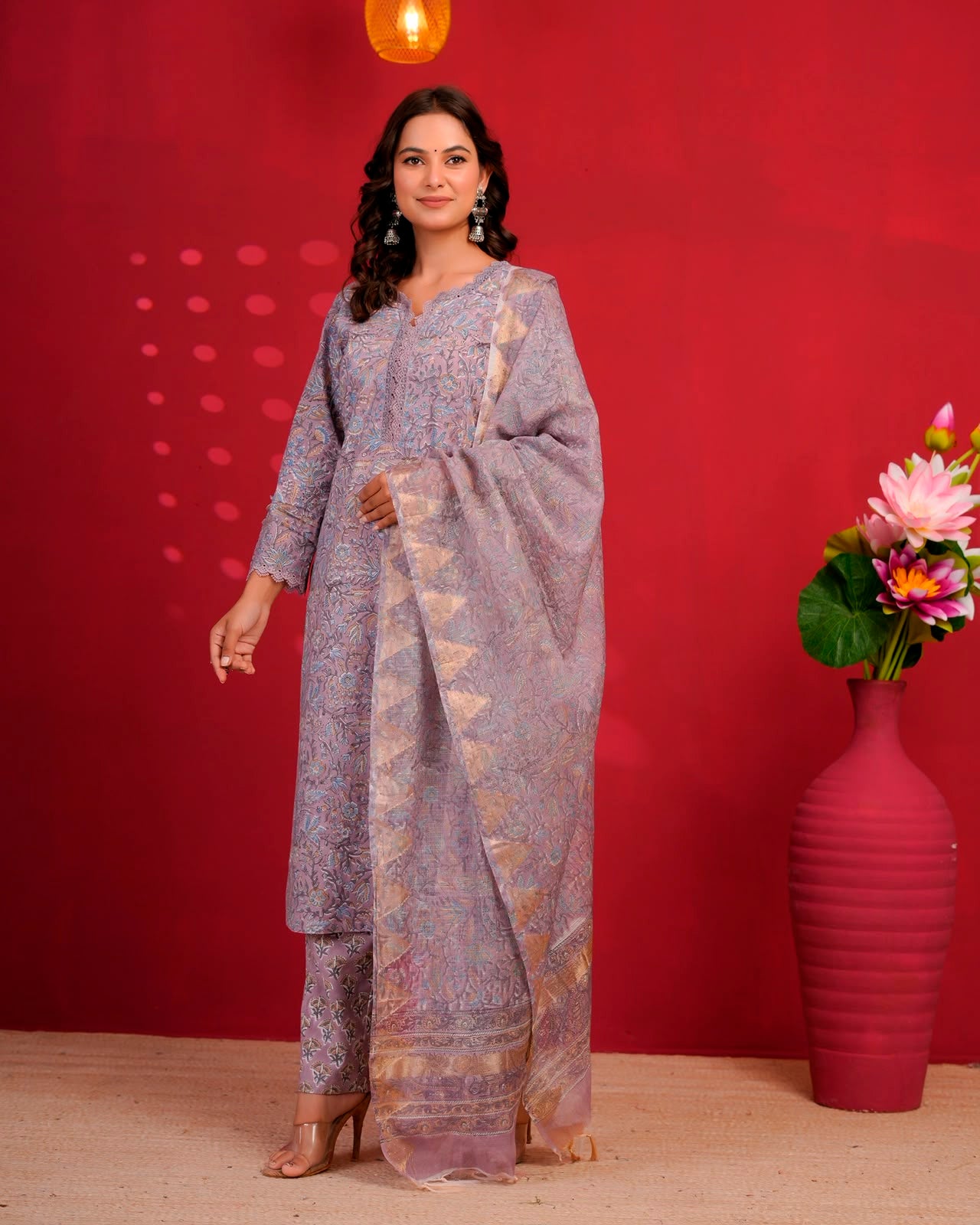 Earthy Lilac Pakistani Kota Dupatta Suit