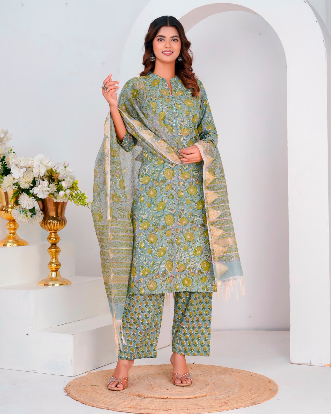 Green Daffodils Kota Dupatta Suit