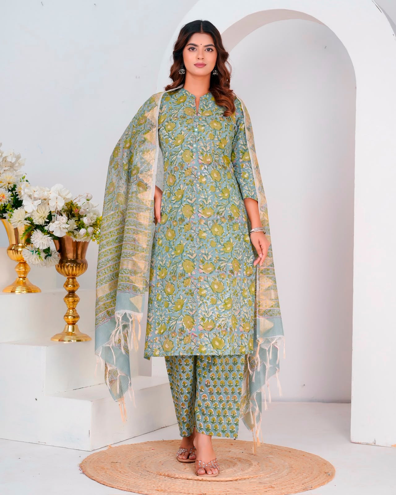 Green Daffodils Kota Dupatta Suit