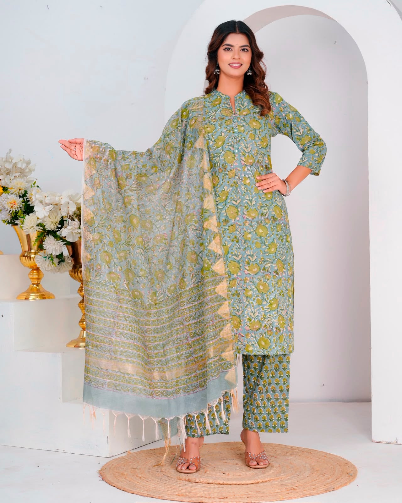 Green Daffodils Kota Dupatta Suit