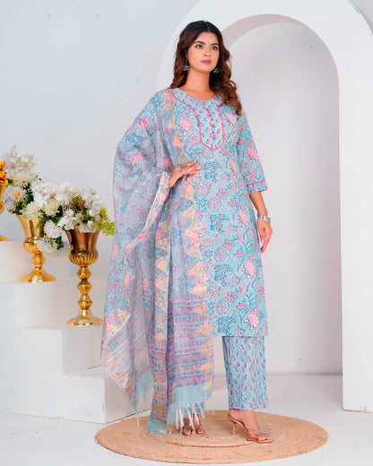 Blue Blush Petals Kota Dupatta Suit