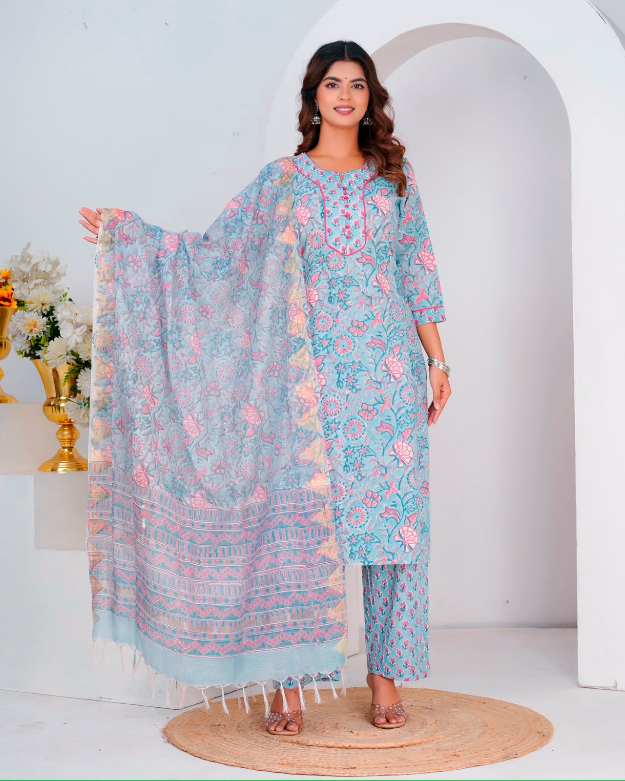Blue Blush Petals Kota Dupatta Suit