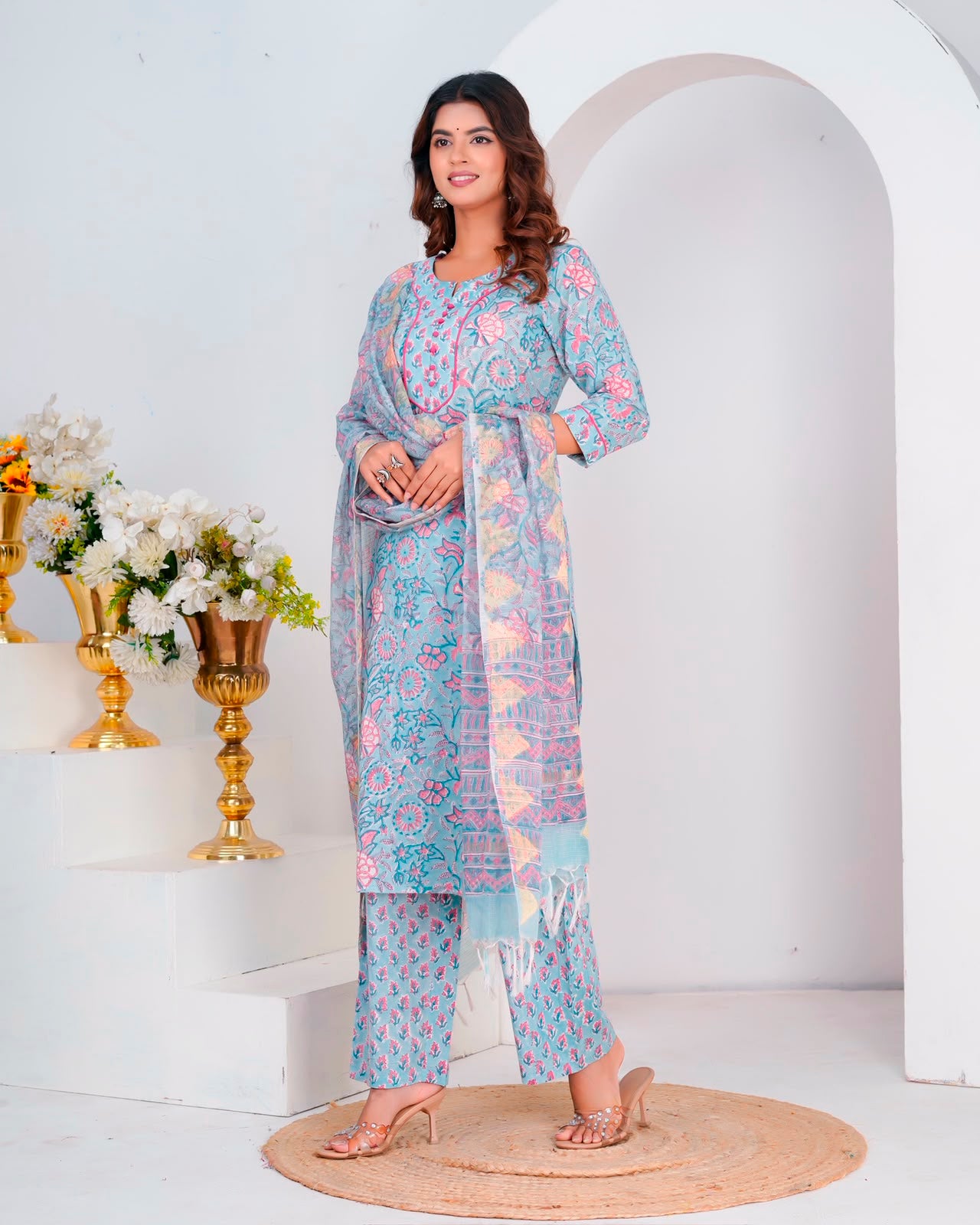 Blue Blush Petals Kota Dupatta Suit