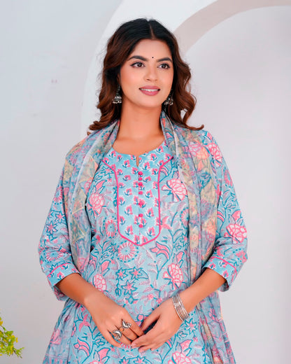 Blue Blush Petals Kota Dupatta Suit