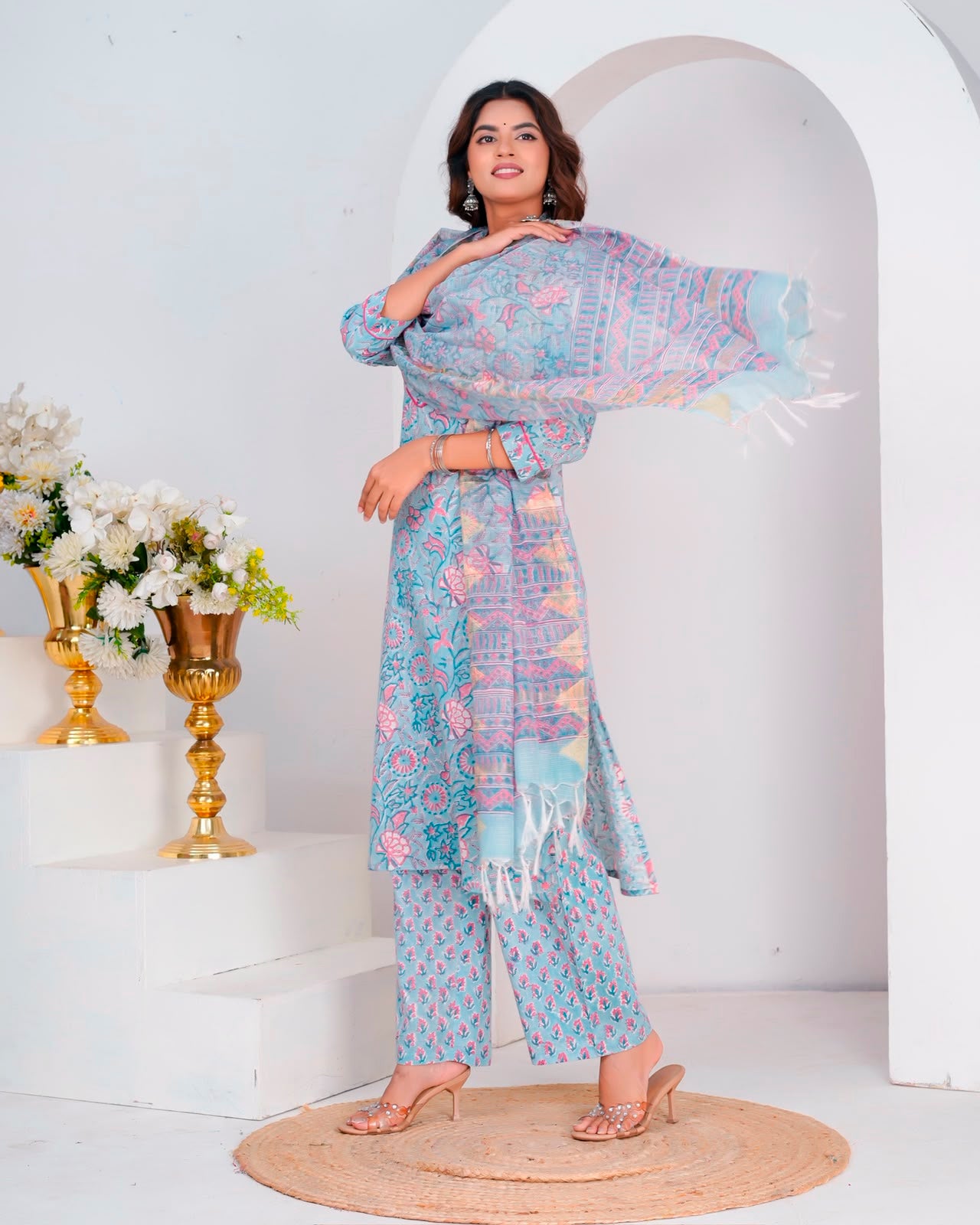 Blue Blush Petals Kota Dupatta Suit