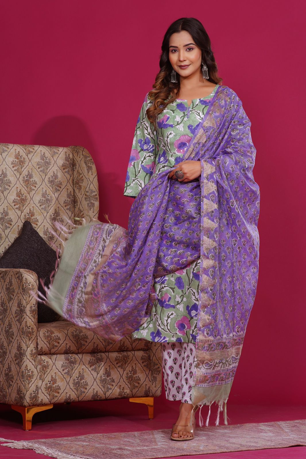 hand block printed kurta set with dupatta