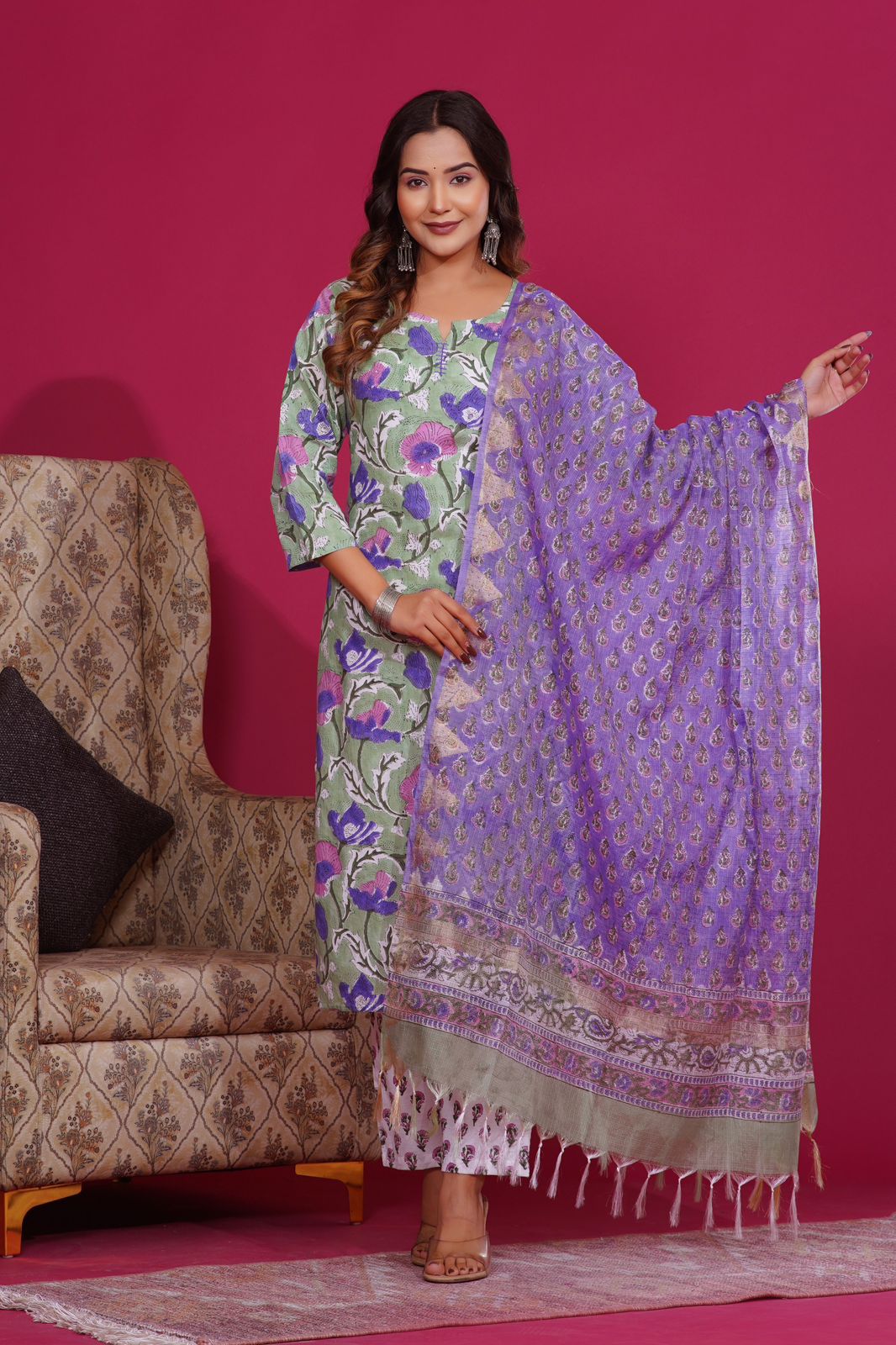 hand block printed kurta set with dupatta