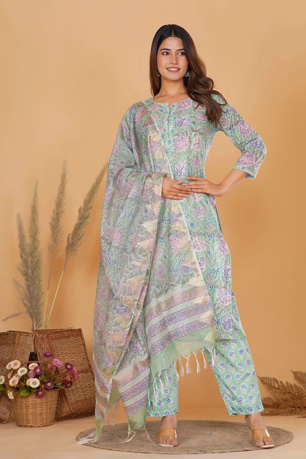 hand block printed kurta set with dupatta