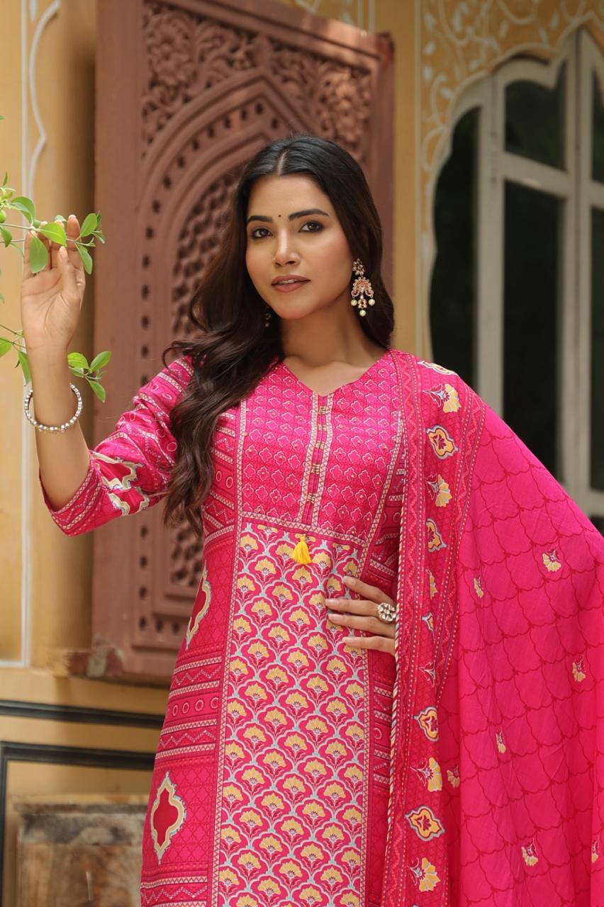 Pink Festive Muslin Silk Suit