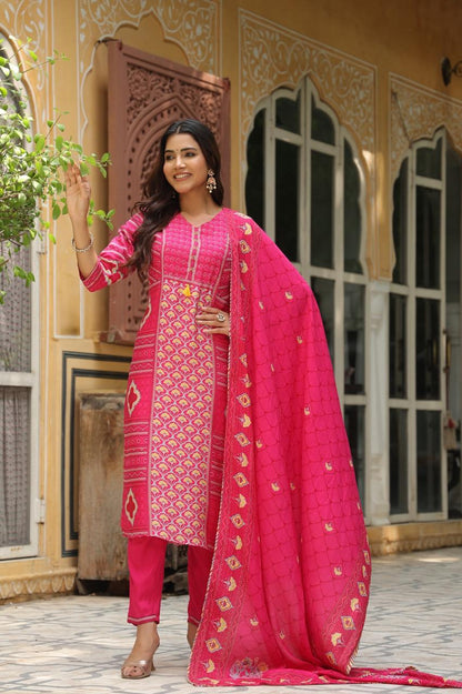 Pink Festive Muslin Silk Suit