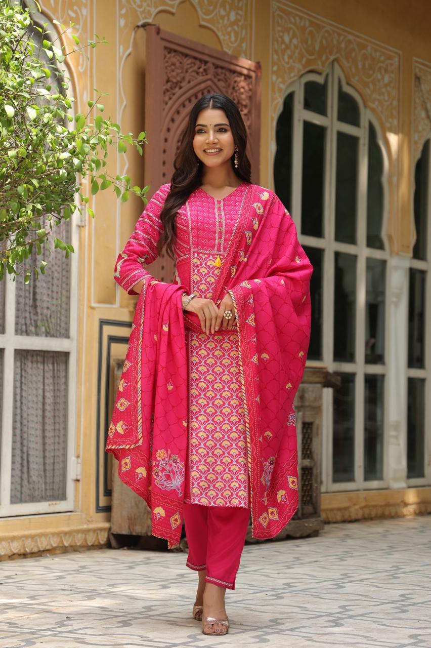 Pink Festive Muslin Silk Suit