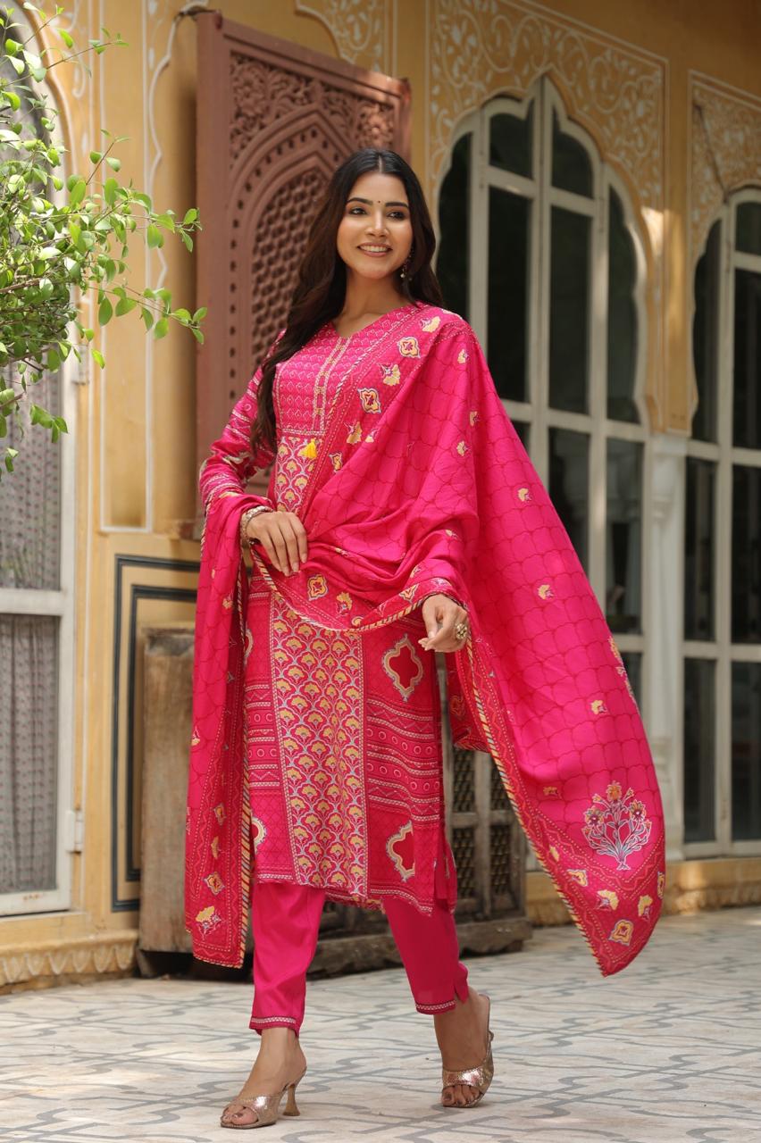 Pink Festive Muslin Silk Suit