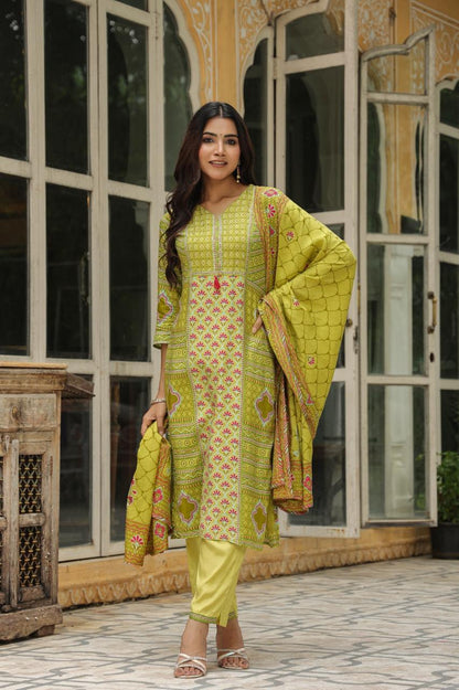 Green Festive Muslin Silk Suit