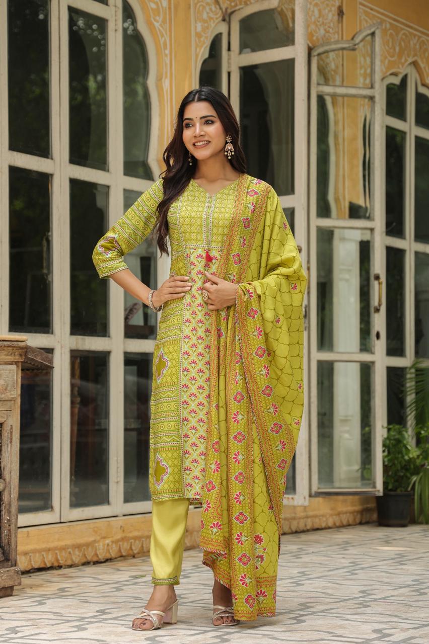 Green Festive Muslin Silk Suit