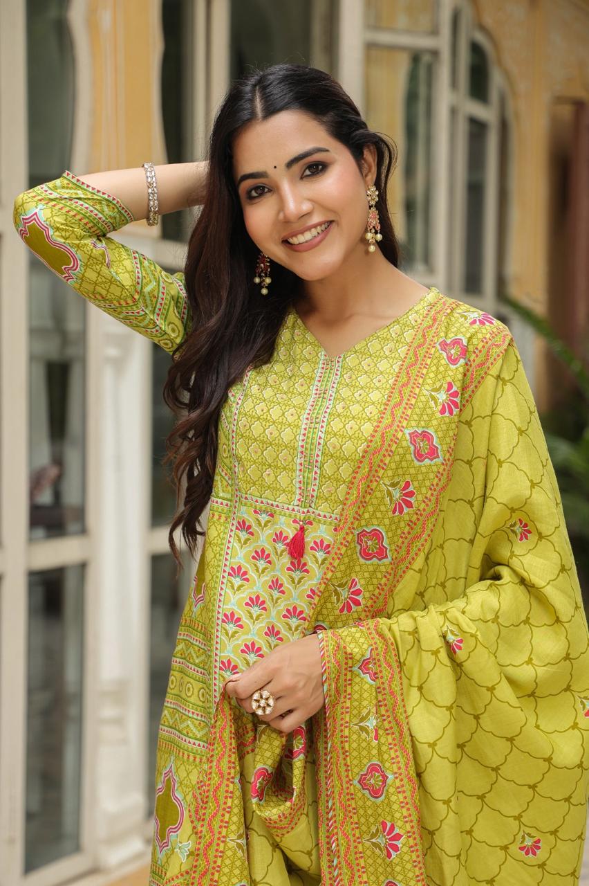 Green Festive Muslin Silk Suit