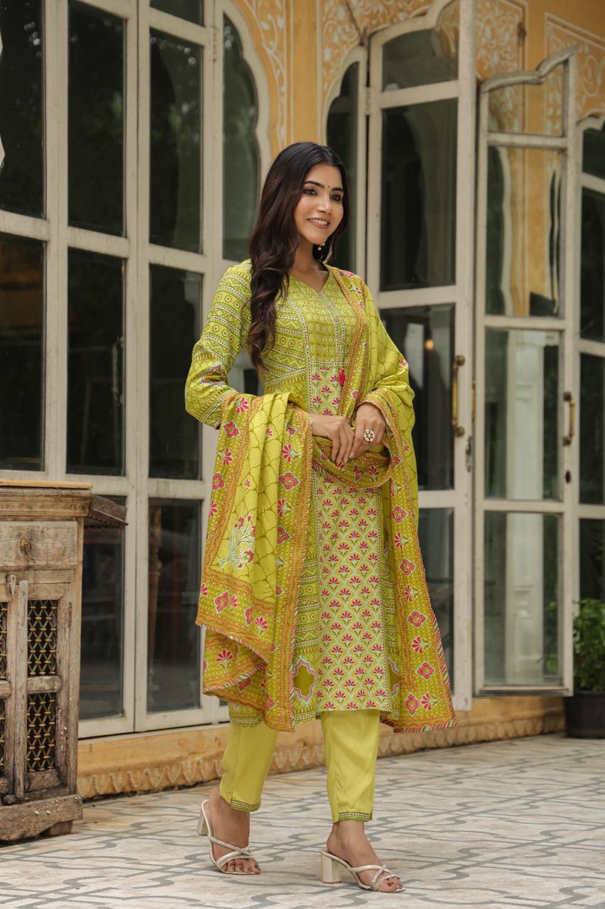 Green Festive Muslin Silk Suit