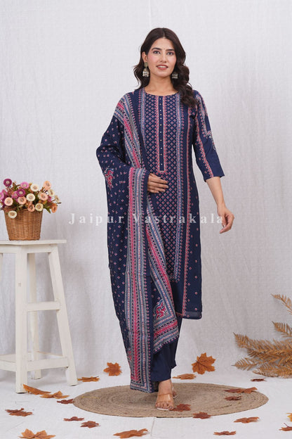 Blue Ethnic Mirage Muslin Suit