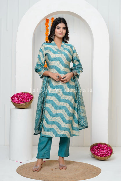 Ocean Mirage Muslin Silk Suit