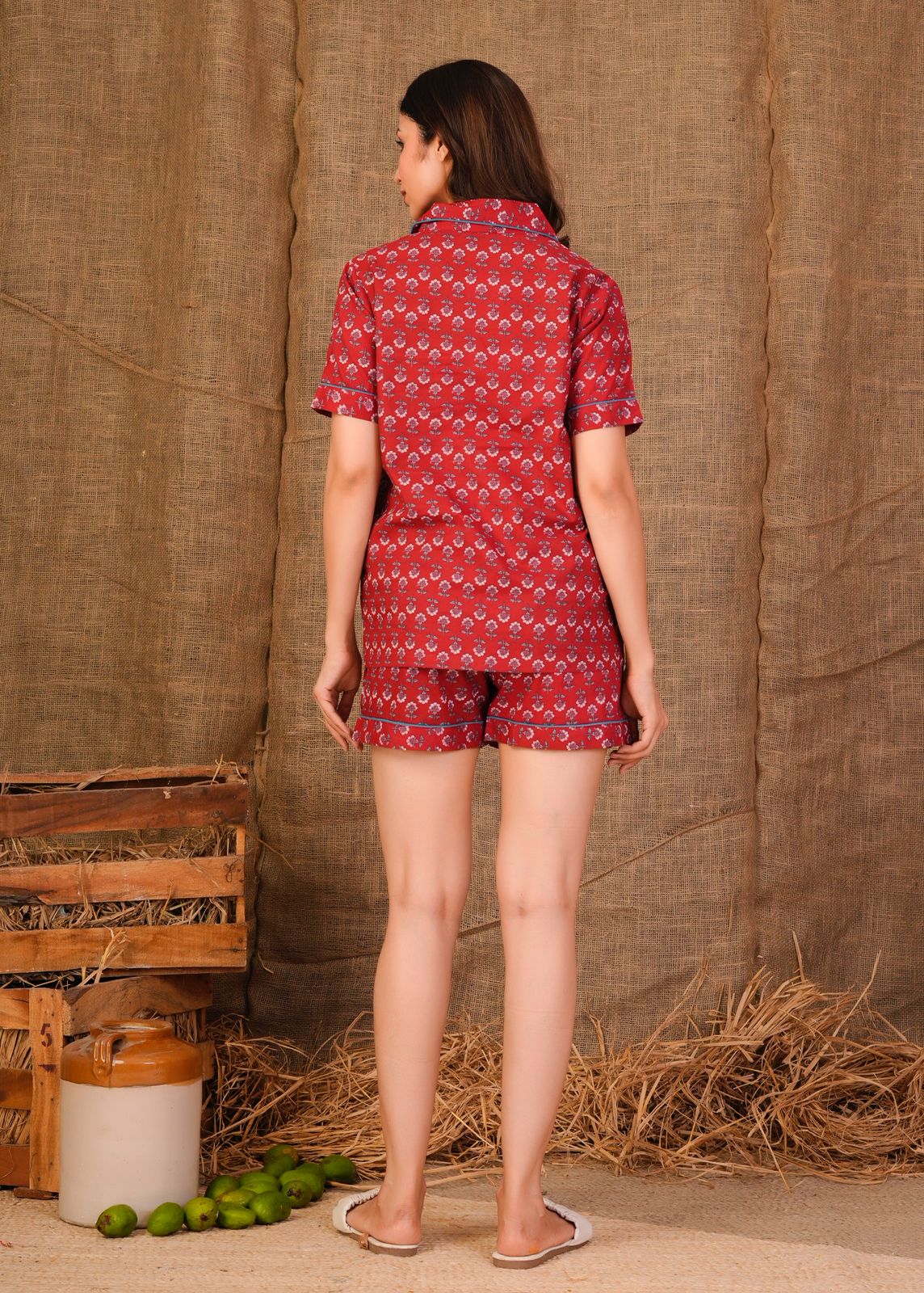 Crimson Buds Shorts Night Suit