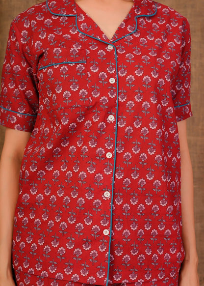 Crimson Buds Shorts Night Suit