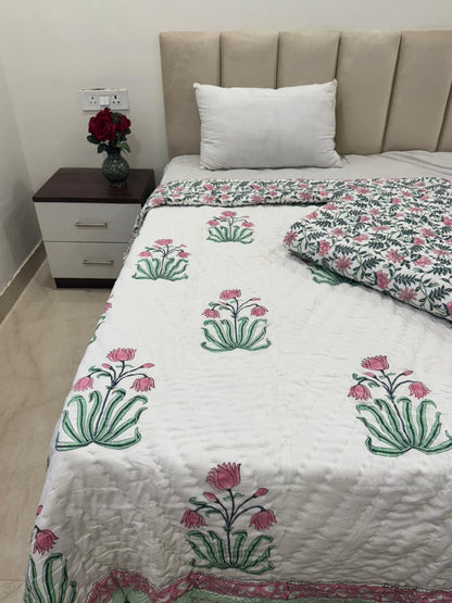 Soft Pink Boota Reversible Single Bed Quilt