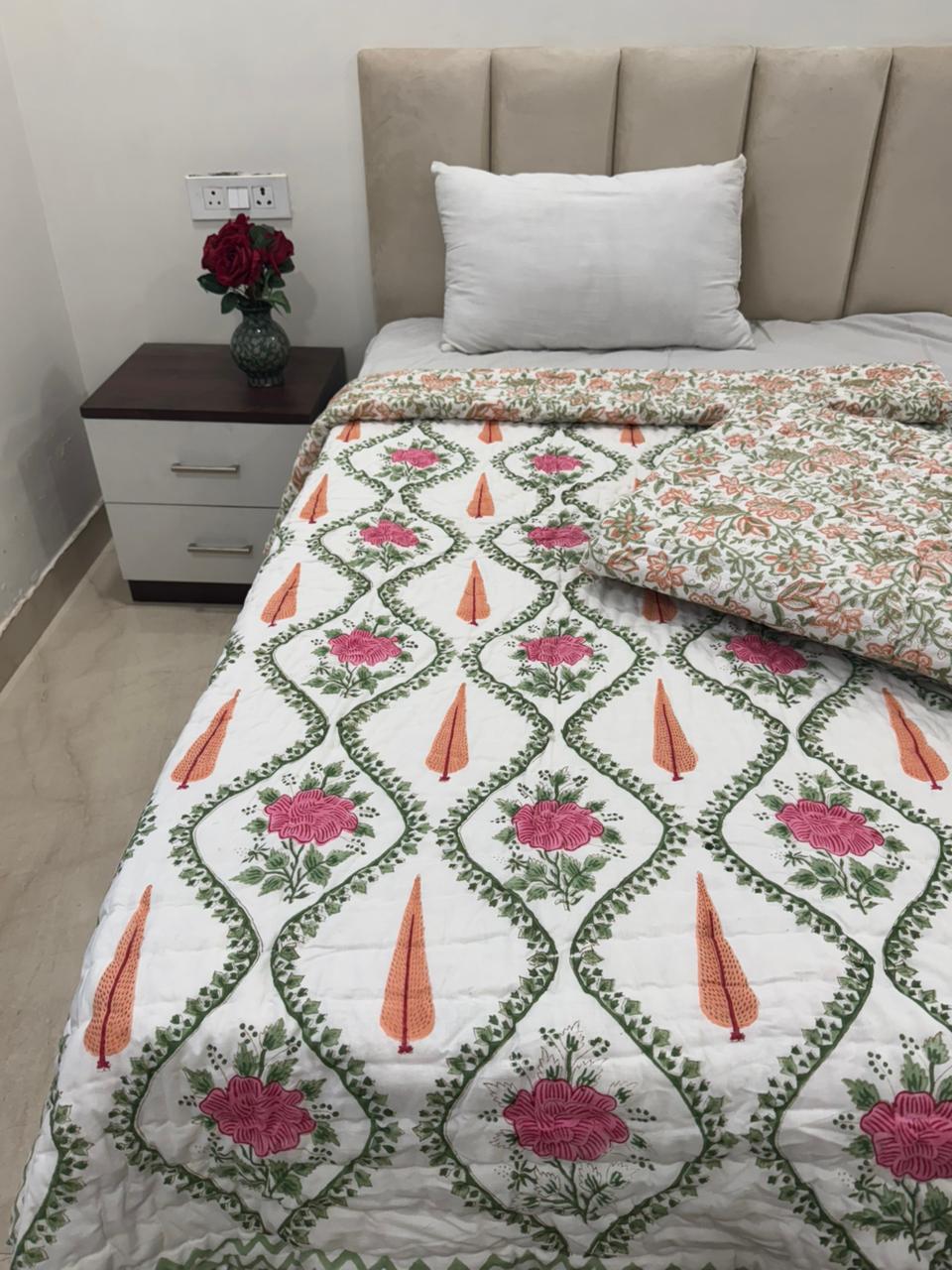 Orange Pink Veins Reversible Single Bed Quilt