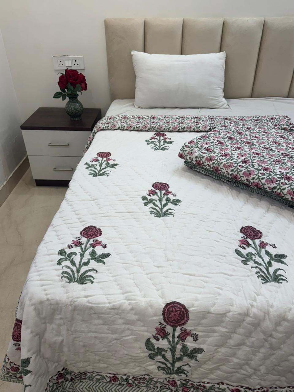 Pink Maroon Boota Reversible Single Bed Quilt