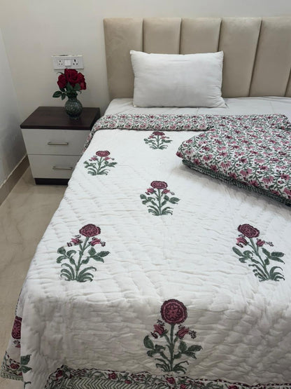 Pink Maroon Boota Reversible Single Bed Quilt