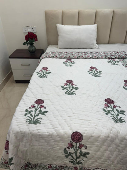 Pink Maroon Boota Reversible Single Bed Quilt