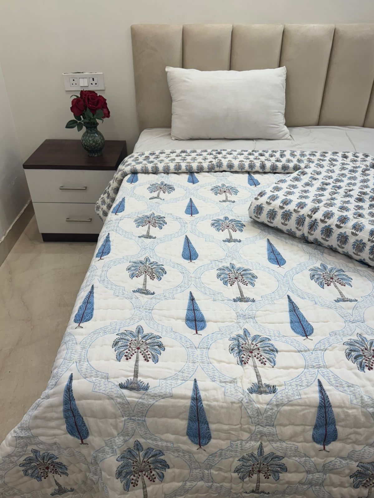 Blue Palm Haven Reversible Single Bed Quilt