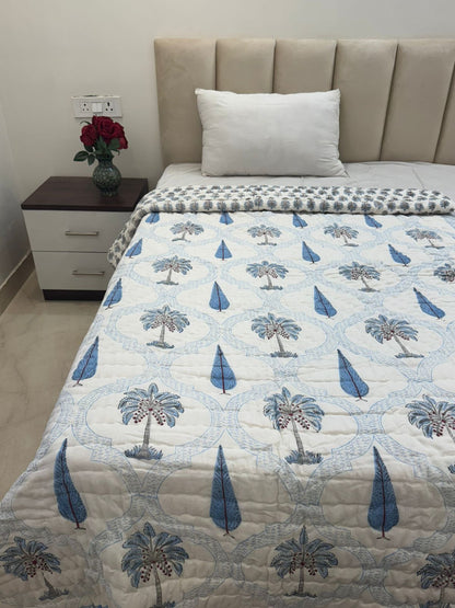 Blue Palm Haven Reversible Single Bed Quilt