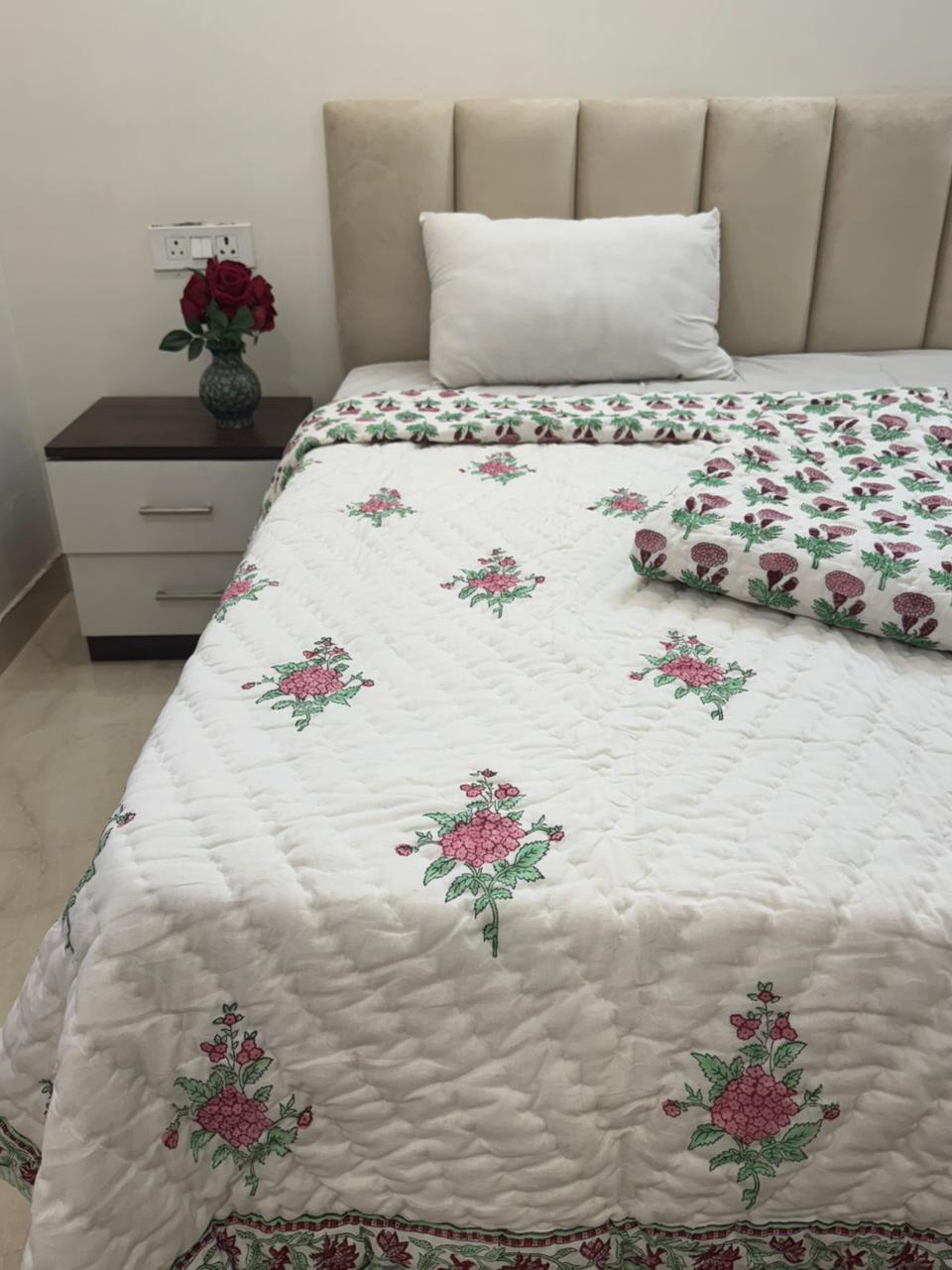 Pomegranate Pink Reversible Single Bed Quilt