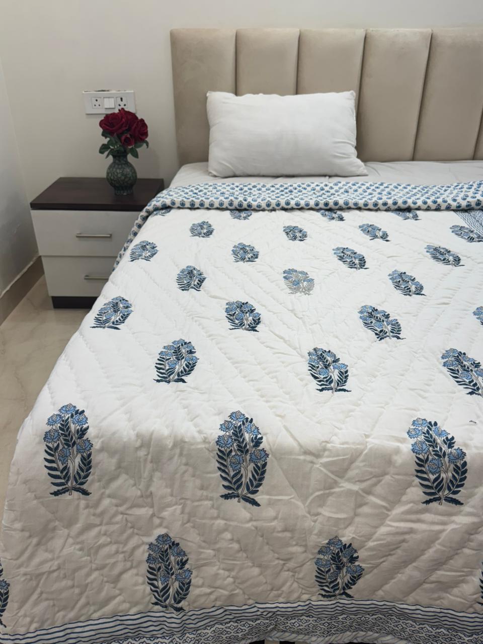 Soft Blue Boota Reversible Single Bed Quilt