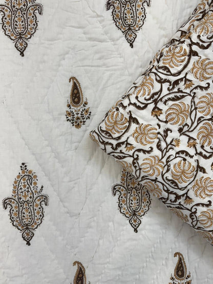Mughal Mustard Brown Reversible Single Bed Quilt
