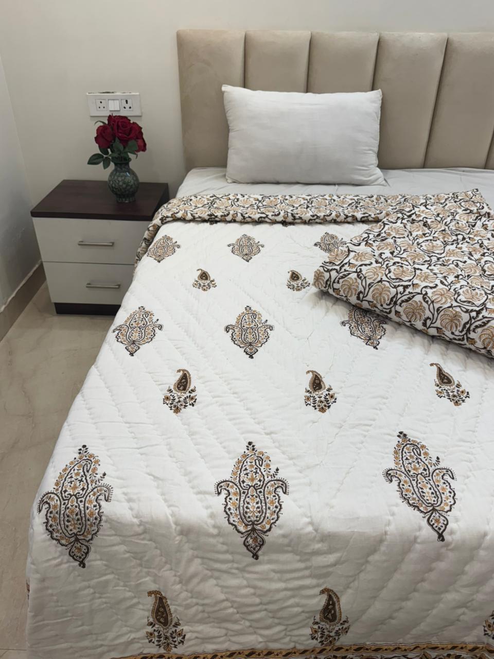 Mughal Mustard Brown Reversible Single Bed Quilt