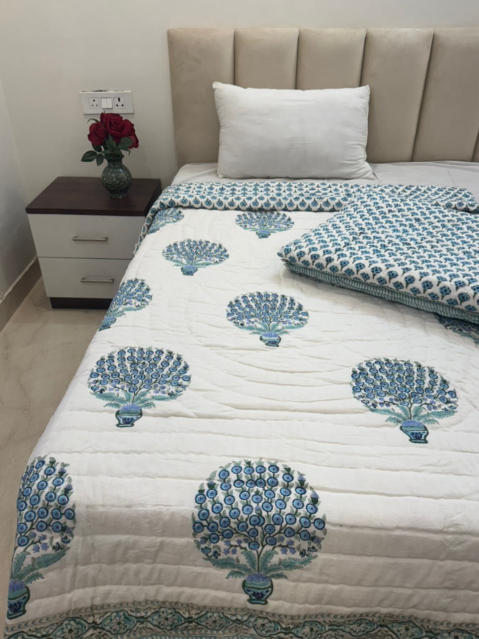 Blue Bouquet Boota Reversible Single Bed Quilt